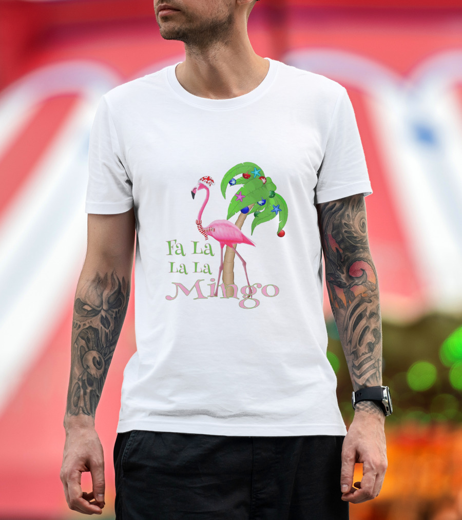 Festive Fa La La La Mingo Pink Flamingo Holiday Tropical Palm Tree T-Shirt