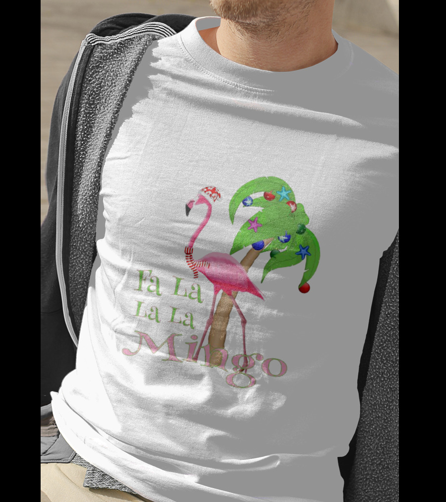 Festive Fa La La La Mingo Pink Flamingo Holiday Tropical Palm Tree T-Shirt