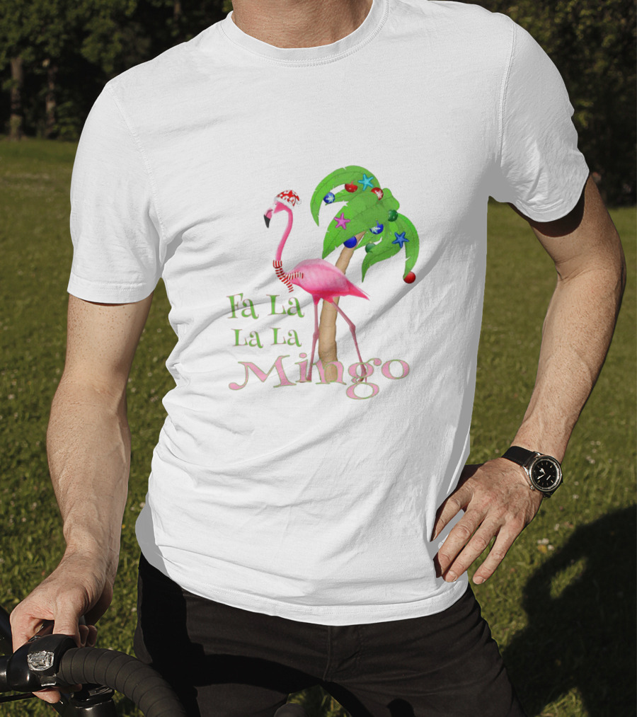 Festive Fa La La La Mingo Pink Flamingo Holiday Tropical Palm Tree T-Shirt