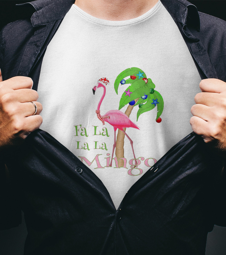 Festive Fa La La La Mingo Pink Flamingo Holiday Tropical Palm Tree T-Shirt