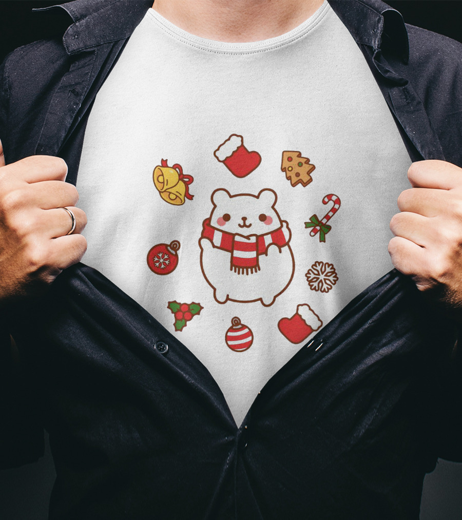 Happy Polar Bear Surrounded By Christmas Holiday Symbols T-Shirt