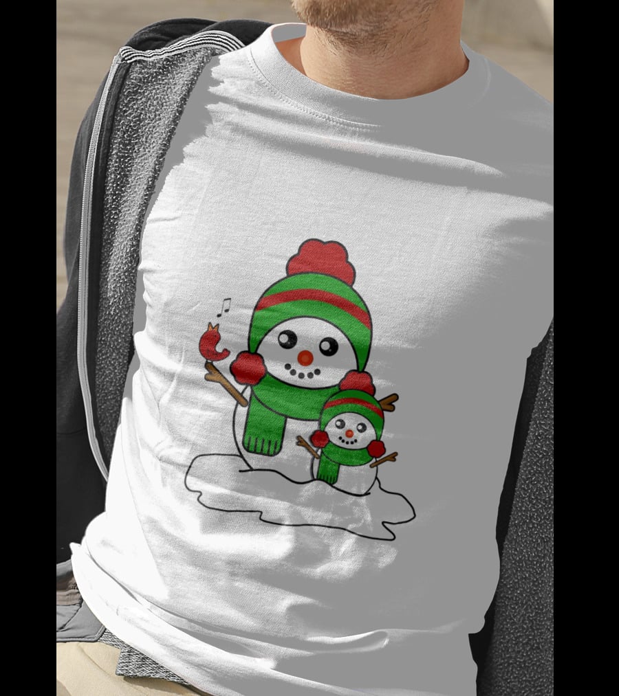 Happy Together Snowman And Singing Cardinal With Red And Green Winter Hats And Scarves T-Shirt