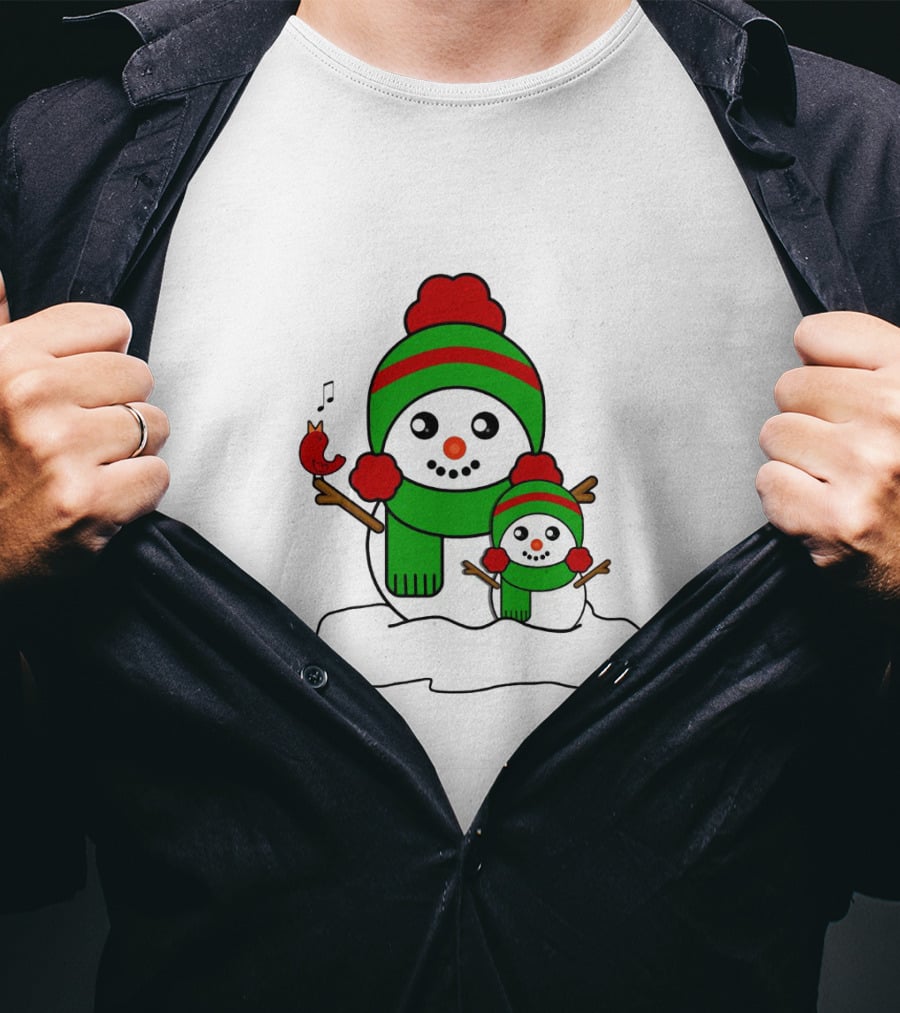 Happy Together Snowman And Singing Cardinal With Red And Green Winter Hats And Scarves T-Shirt