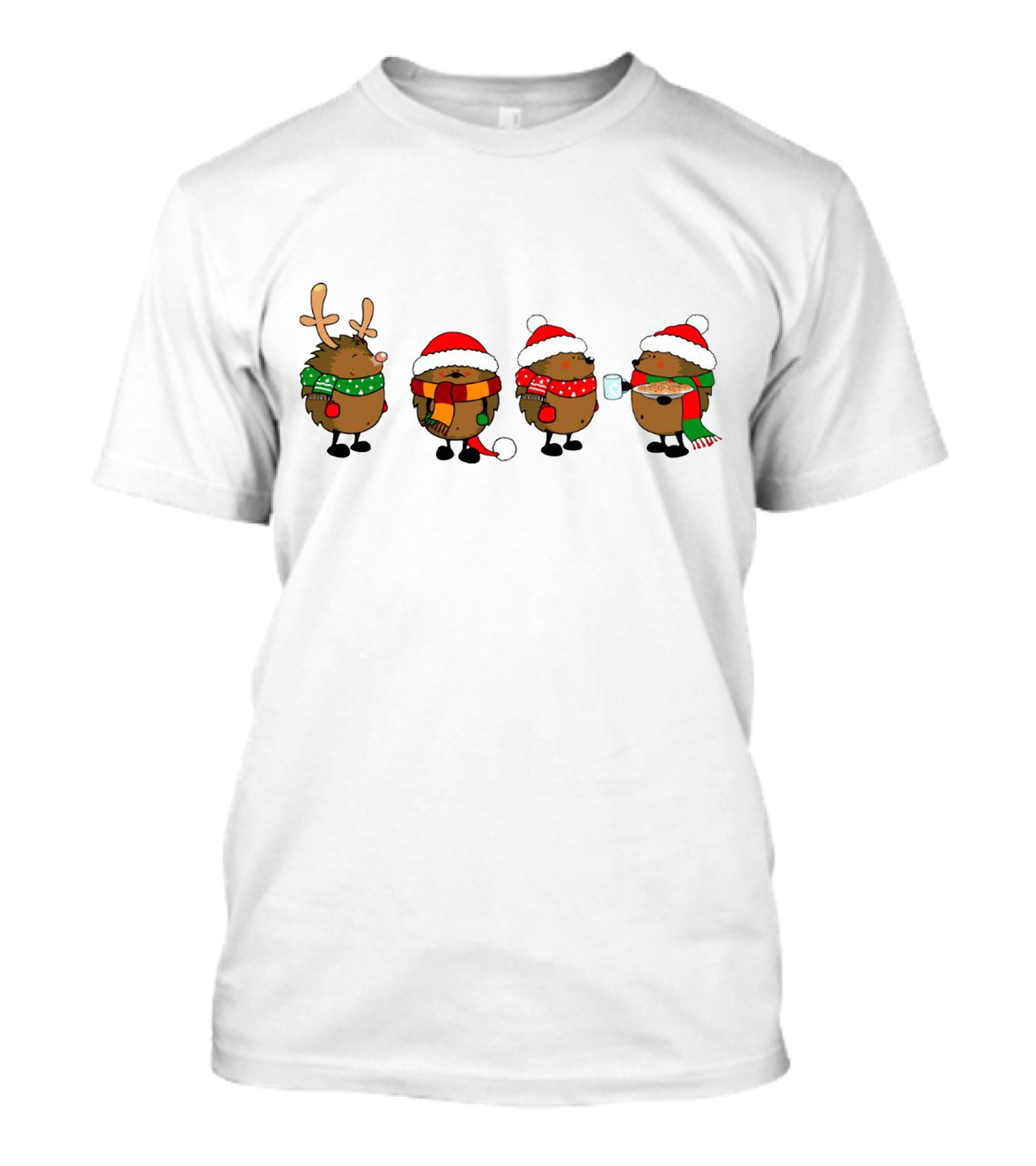 Hedgehogs Christmas Santa Hats Reindeer Antlers Scarf And Mug T-Shirt