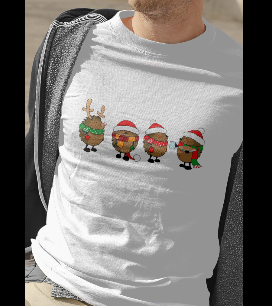 Hedgehogs Christmas Santa Hats Reindeer Antlers Scarf And Mug T-Shirt