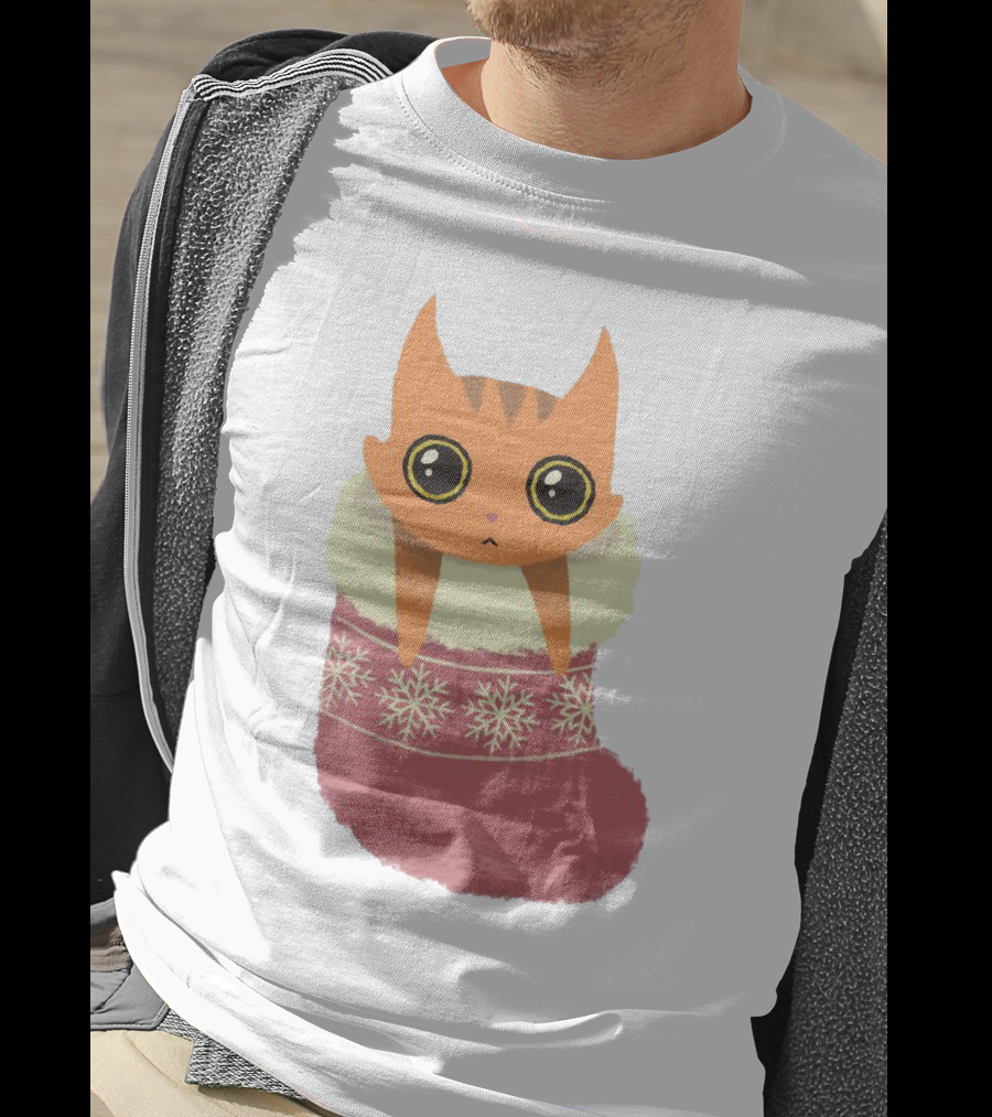 Adorable Orange Cat In Festive Christmas Stocking With Snowflake T-Shirt
