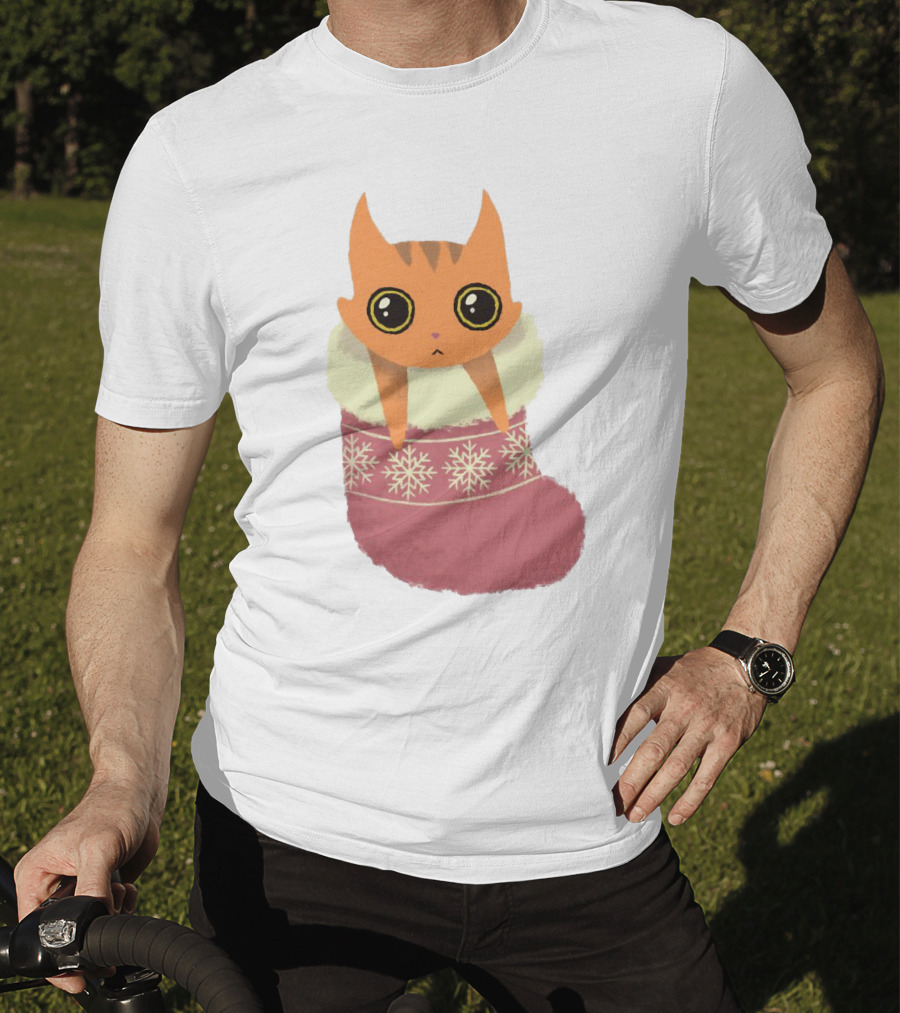Adorable Orange Cat In Festive Christmas Stocking With Snowflake T-Shirt