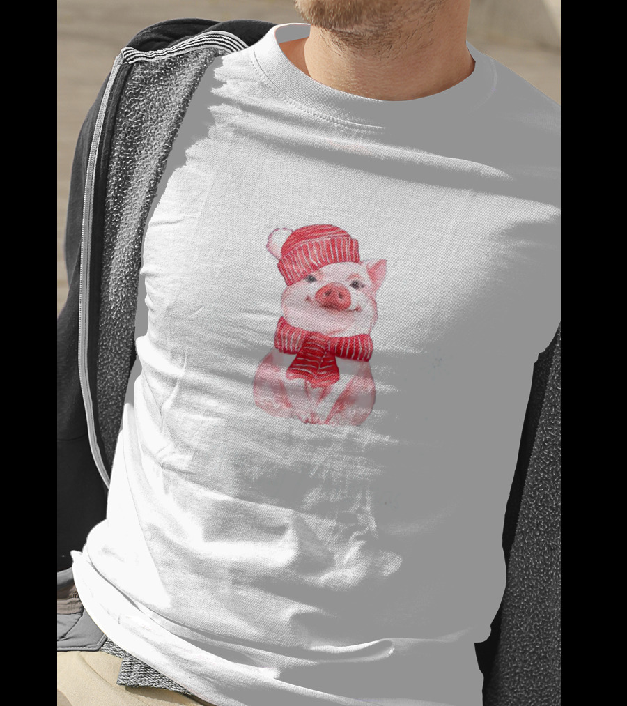 Merry Christmas Cute Pig With Red Scarf And Hat T-Shirt