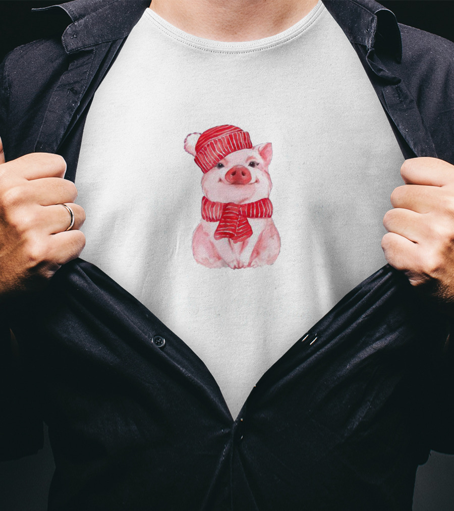 Merry Christmas Cute Pig With Red Scarf And Hat T-Shirt