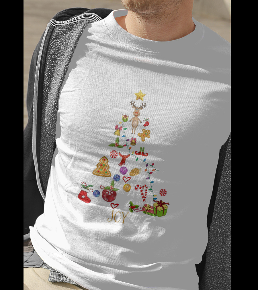 Joyful Merry Xmas Tree With Festive Ornaments And Reindeer Star Topper T-Shirt