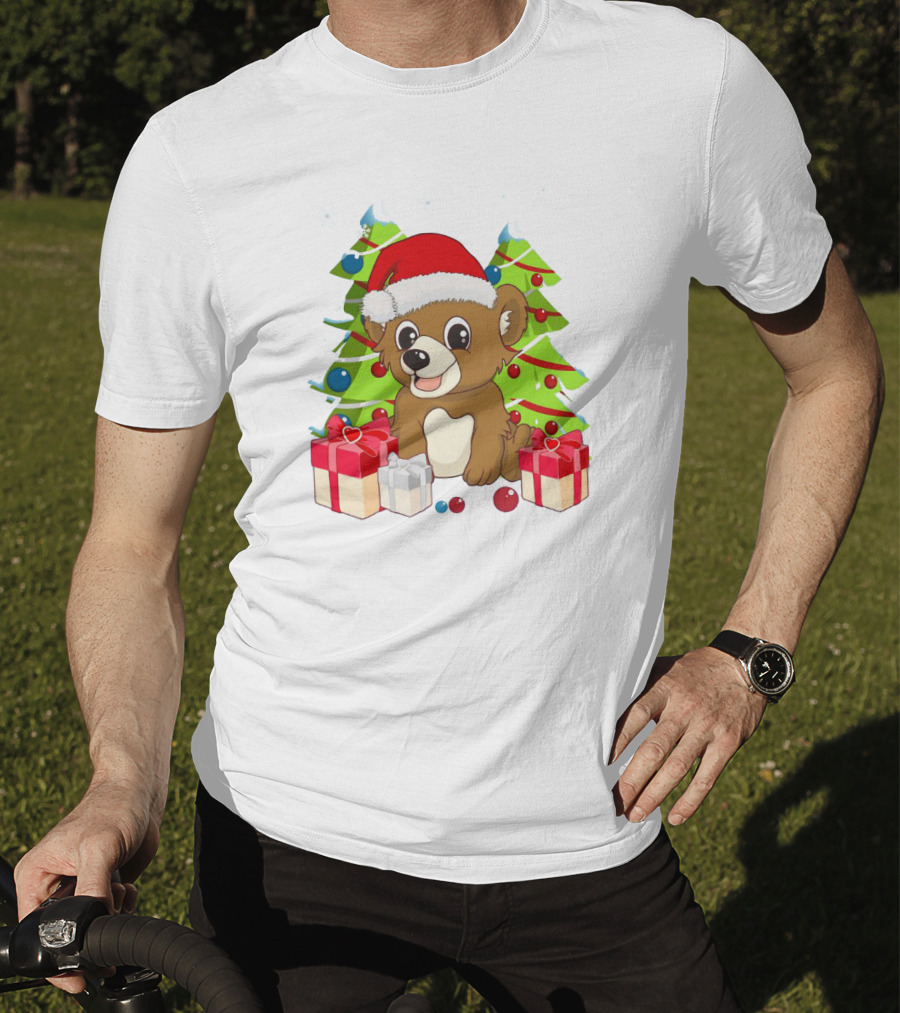 Santa Cute Bear With Christmas Trees And Presents T-Shirt