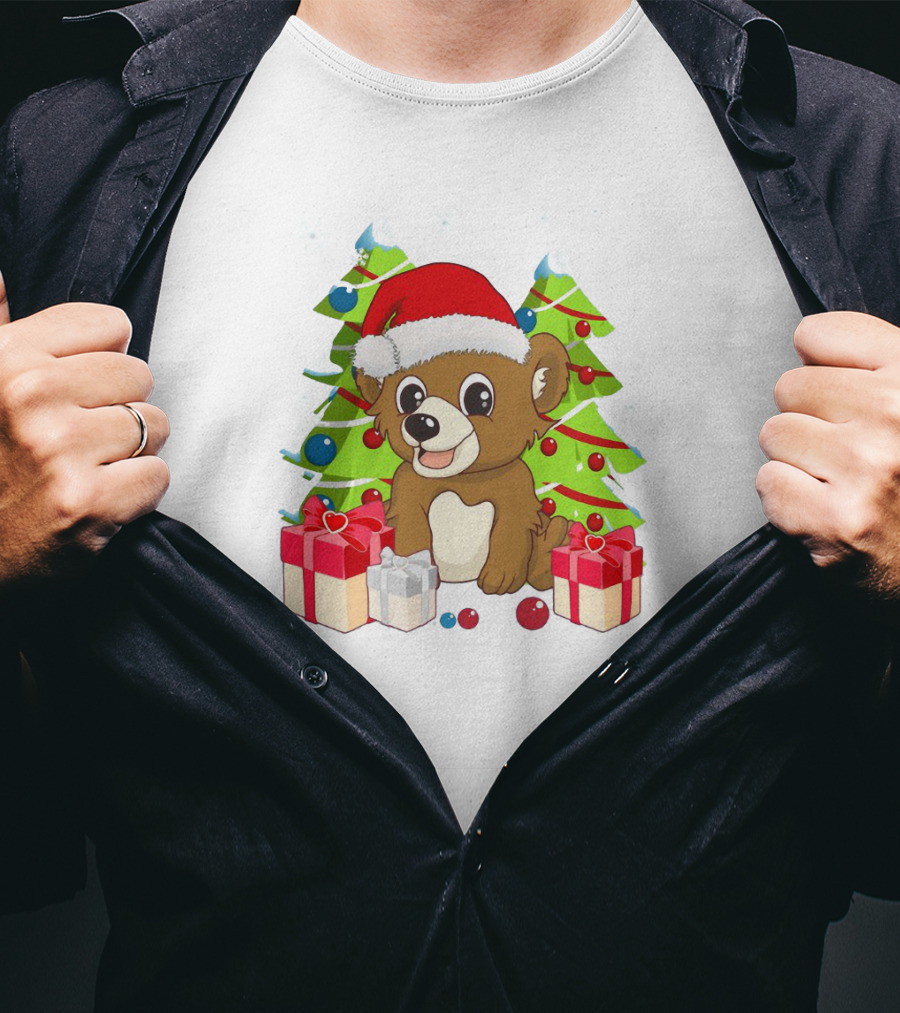 Santa Cute Bear With Christmas Trees And Presents T-Shirt