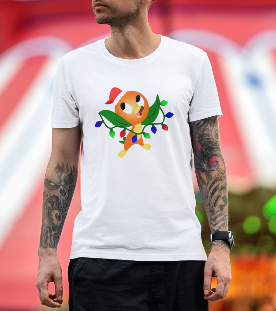 Think Christmas Thoughts Orange Bird with Santa Hat and Festive Lights T-Shirt