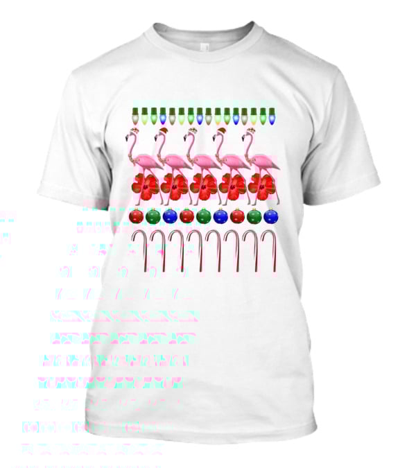 Ugly Christmas Pink Flamingo With Festive Lights Hibiscus Ornaments And Candy Canes T-Shirt