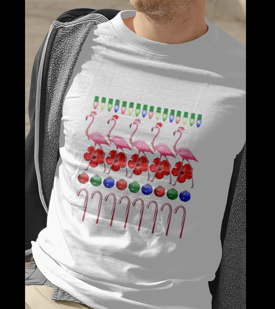 Ugly Christmas Pink Flamingo With Festive Lights Hibiscus Ornaments And Candy Canes T-Shirt