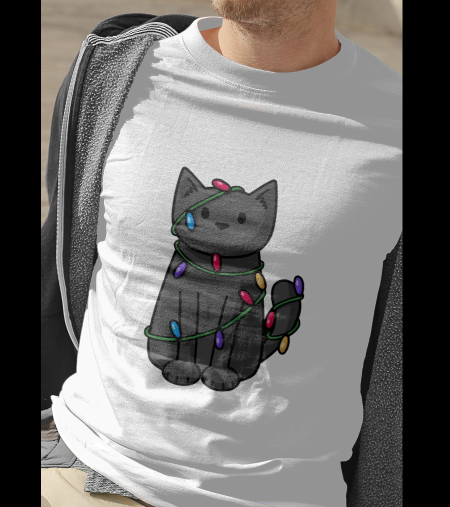 Wrapped Up In Lights Adorable Cat Tangled In Colorful Holiday String Bulbs T-Shirt