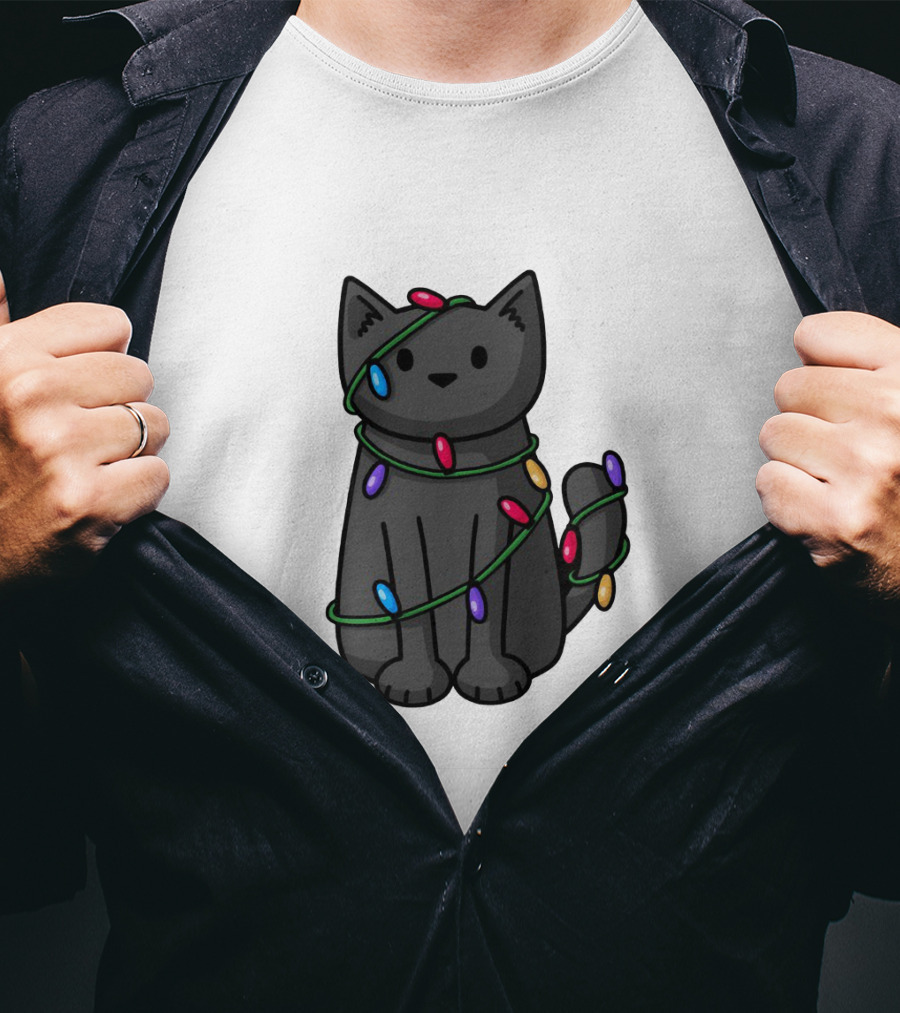 Wrapped Up In Lights Adorable Cat Tangled In Colorful Holiday String Bulbs T-Shirt