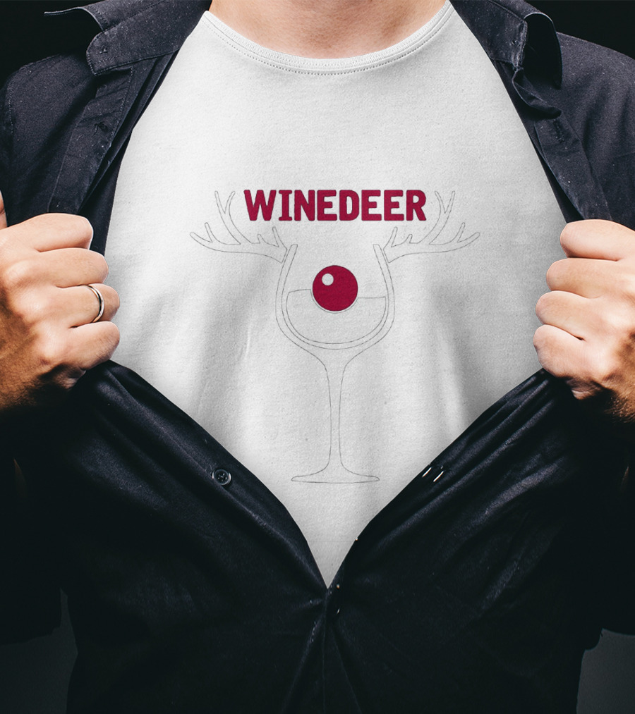 Winedeer Antlered Wine Glass With Festive Red Ball Accent T-Shirt