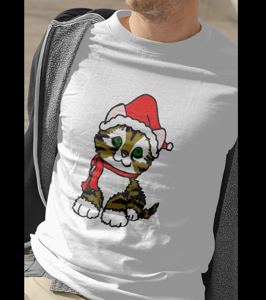 A Cute Tabby Kitten Dressed In Santa Hat And Scarf T-Shirt