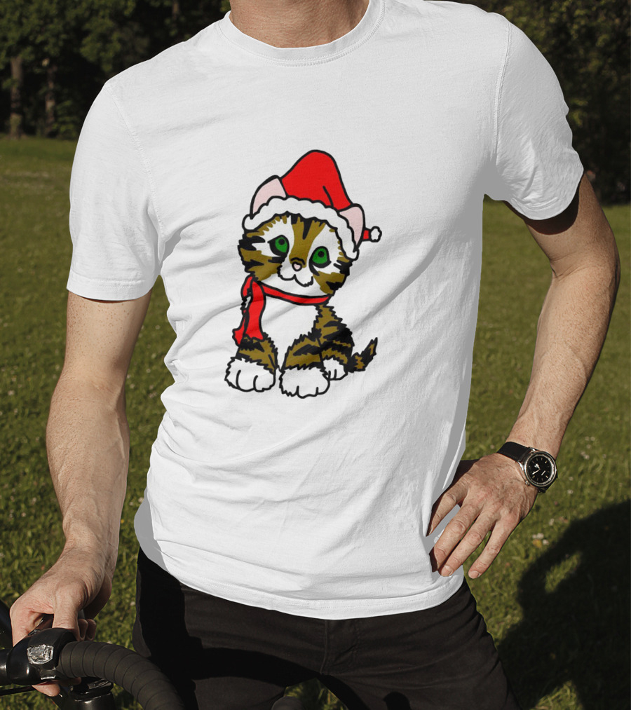 A Cute Tabby Kitten Dressed In Santa Hat And Scarf T-Shirt