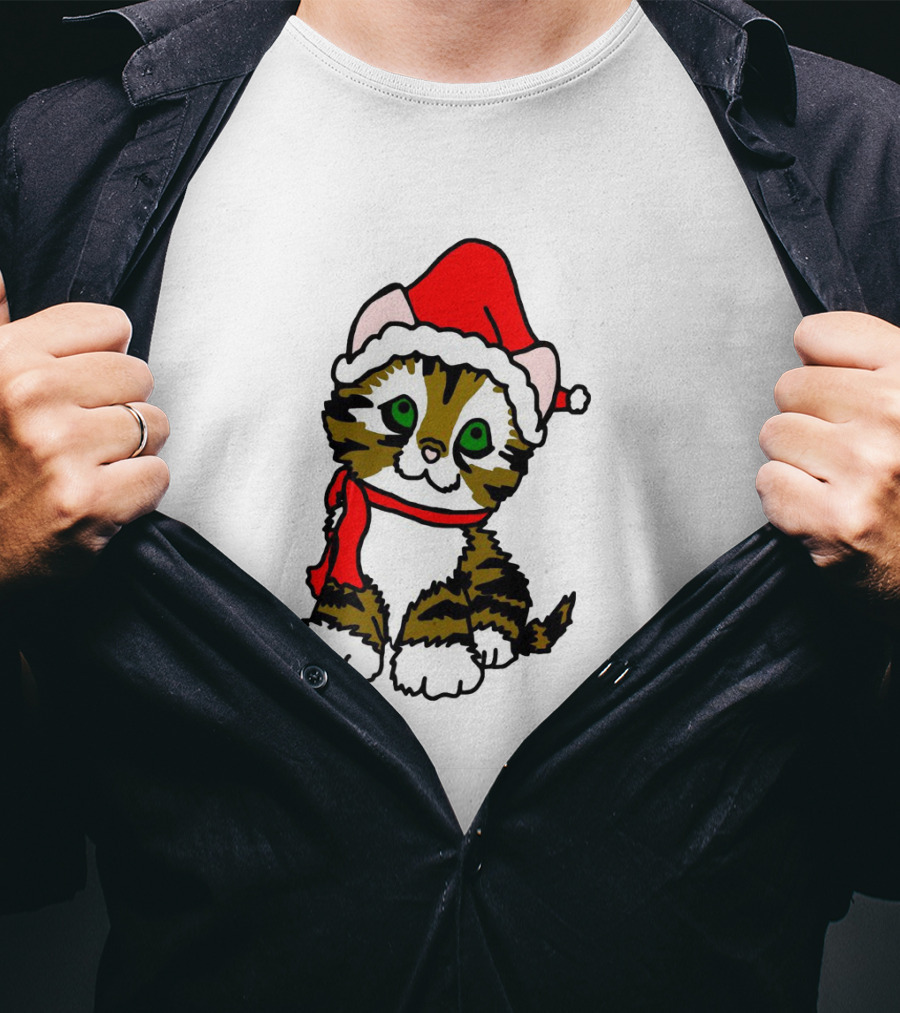 A Cute Tabby Kitten Dressed In Santa Hat And Scarf T-Shirt