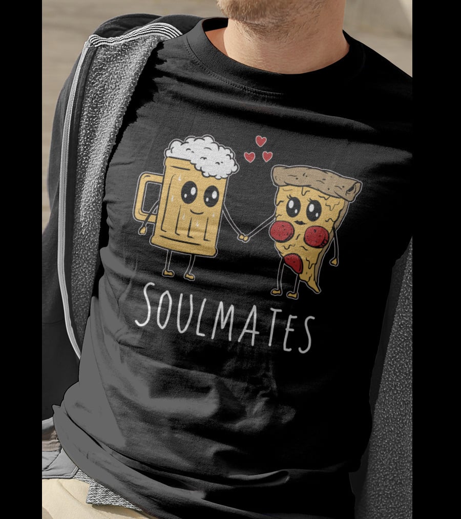 Soulmates Beer And Pizza Holding Hands With Hearts T-Shirt