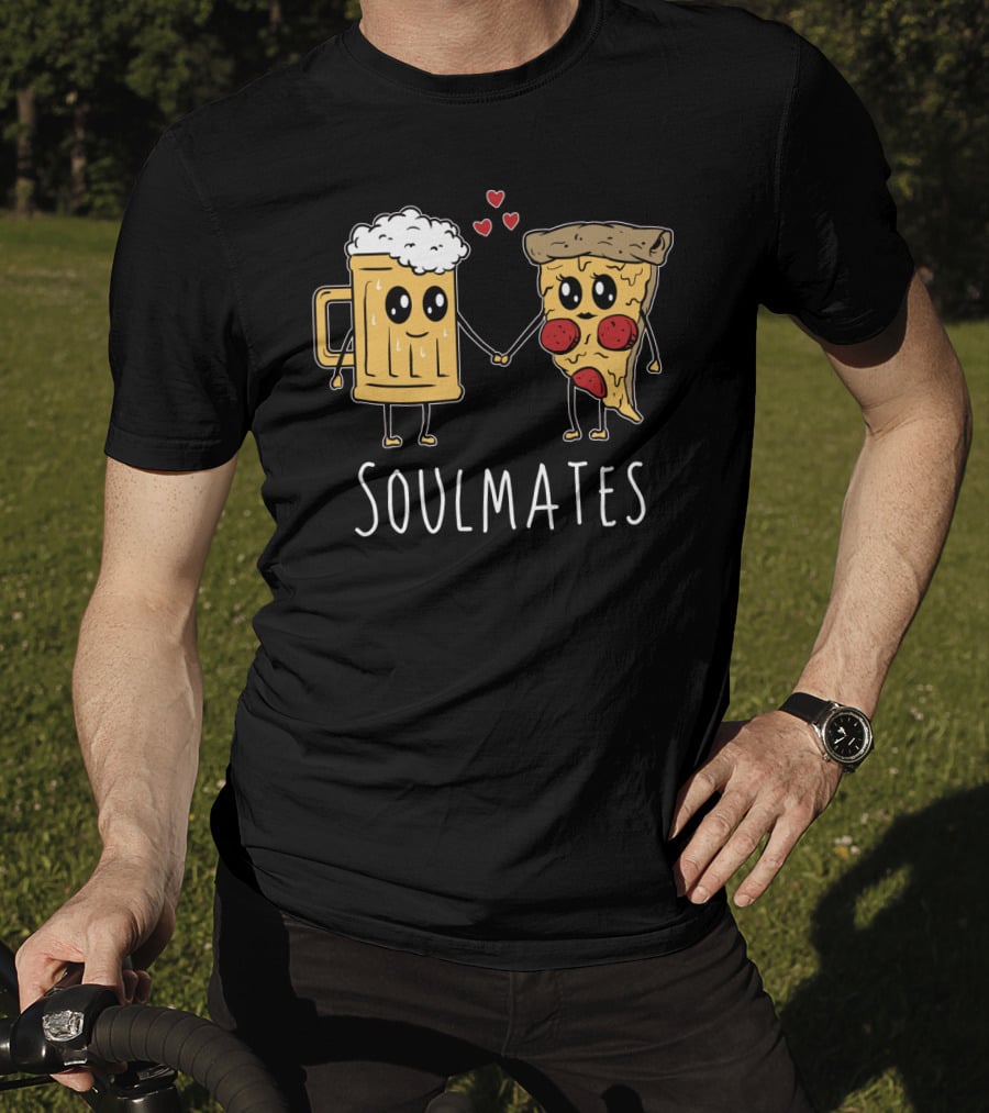 Soulmates Beer And Pizza Holding Hands With Hearts T-Shirt