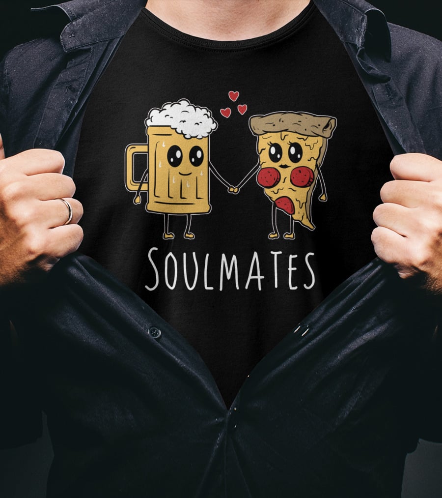 Soulmates Beer And Pizza Holding Hands With Hearts T-Shirt