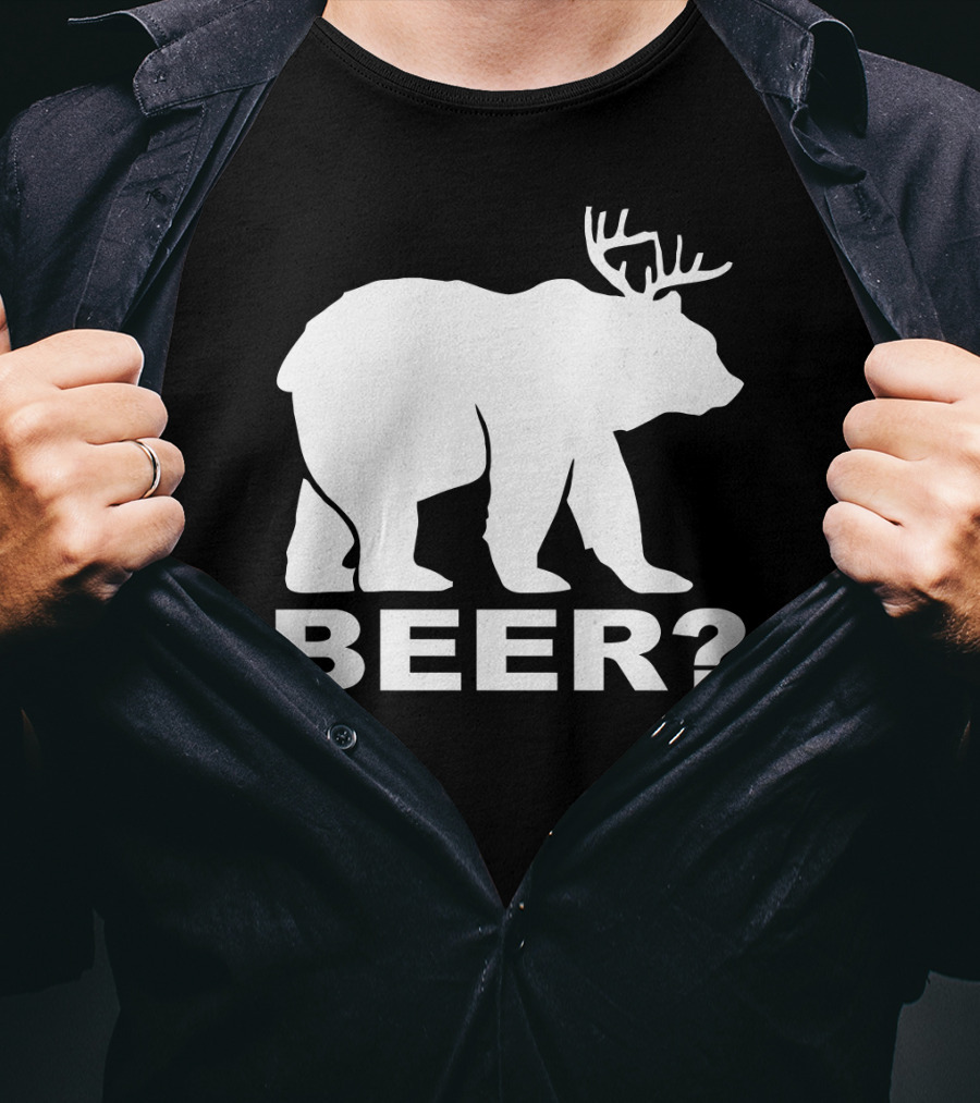 BEER Funny Drinking Party Bear With Antlers Optical Illusion T-Shirt
