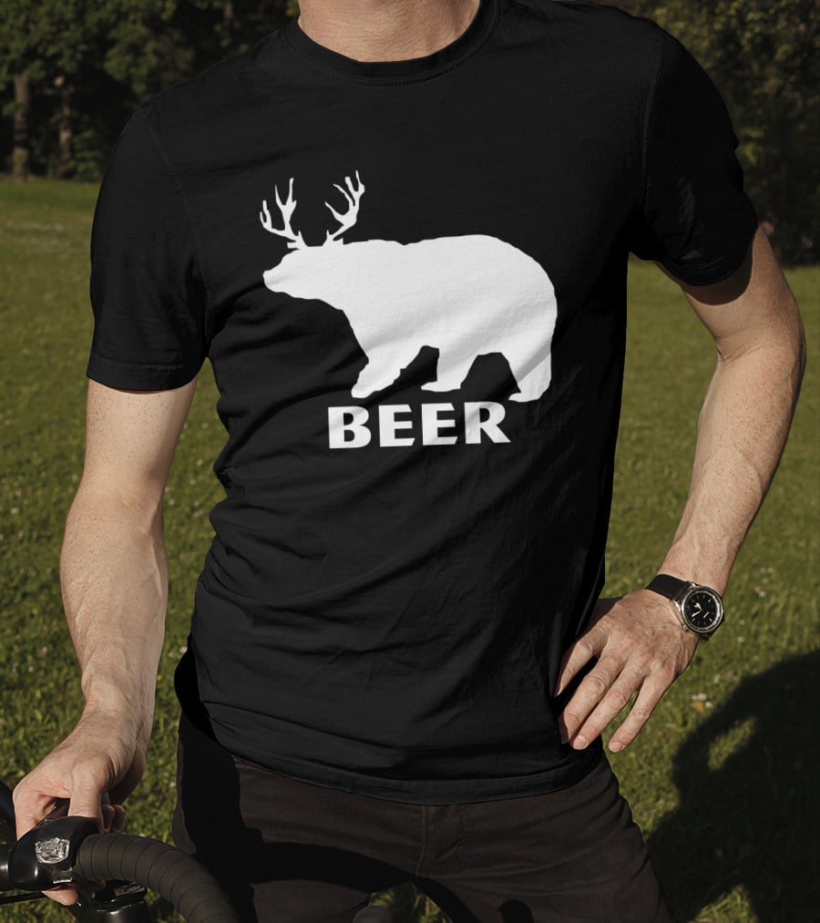 Beer Funny Drinking Bear With Antlers T-Shirt