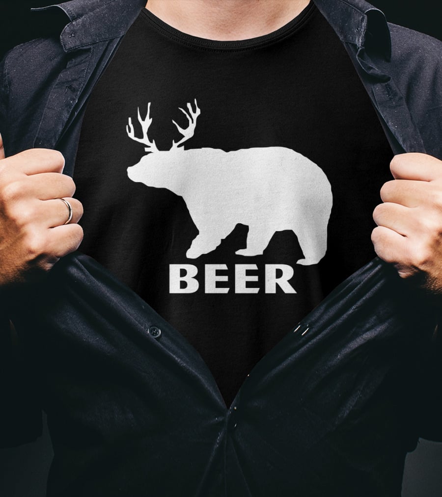 Beer Funny Drinking Bear With Antlers T-Shirt