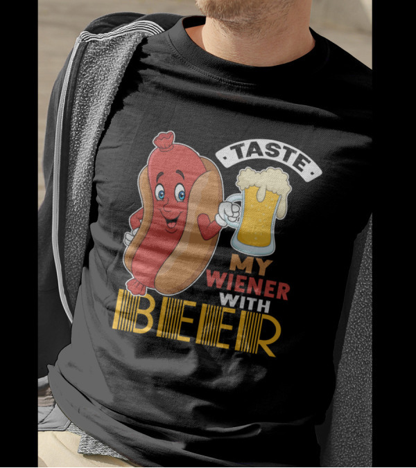 Taste My Wiener With Beer Funny Hot Dog Cartoon For Party T-Shirt