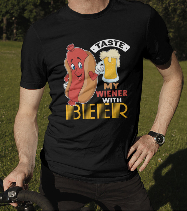 Taste My Wiener With Beer Funny Hot Dog Cartoon For Party T-Shirt