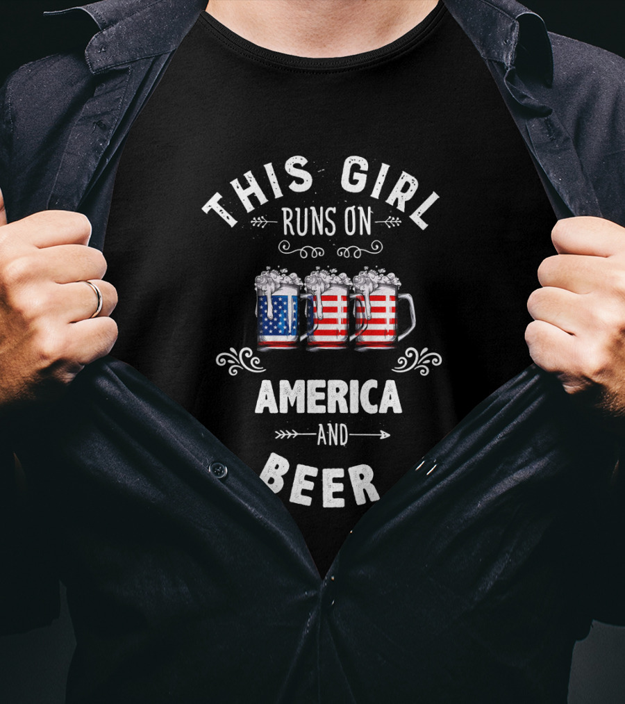 This Girl Runs On America And Beer American Flag Mug T-Shirt