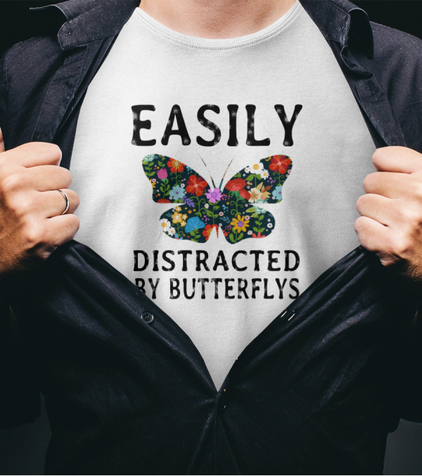 Easily Distracted By Butterflys Floral Pattern Butterfly T-Shirt