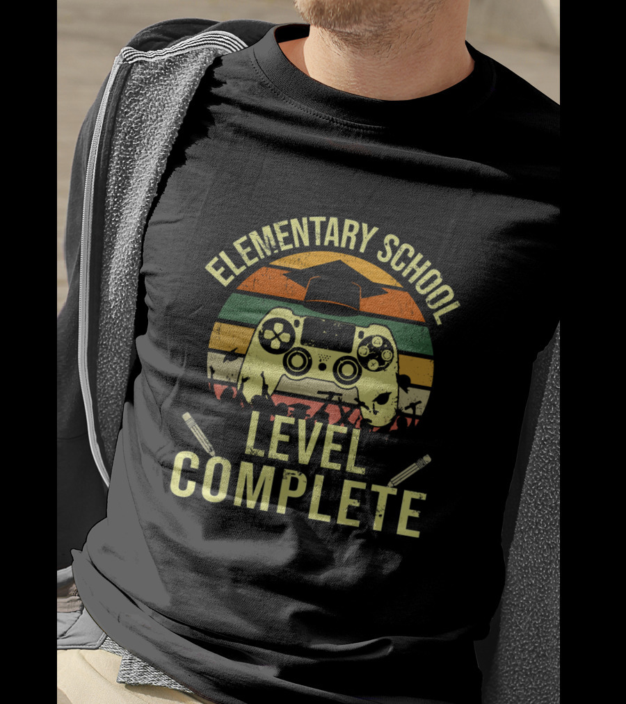 Elementary School Level Complete Graduation Gamer Controller Sunset Retro T-Shirt