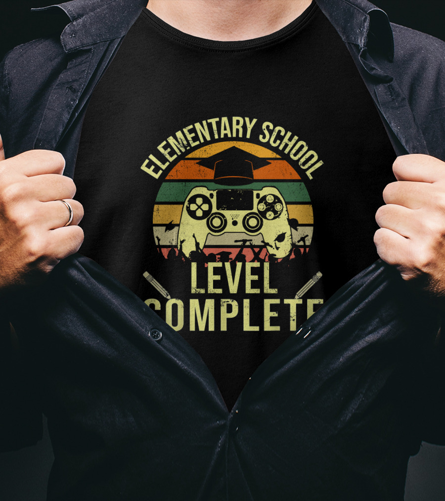 Elementary School Level Complete Graduation Gamer Controller Sunset Retro T-Shirt
