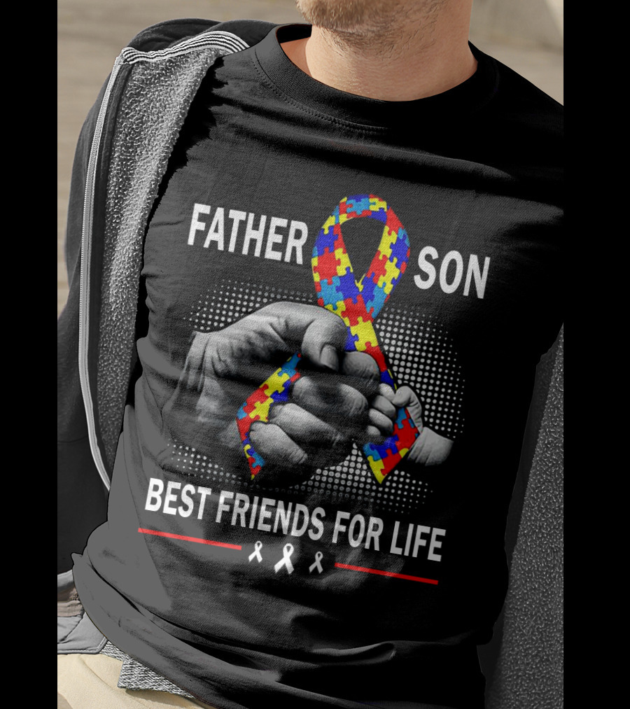 Father Son Best Friends For Life Autism Puzzle Ribbon Friendship T-Shirt