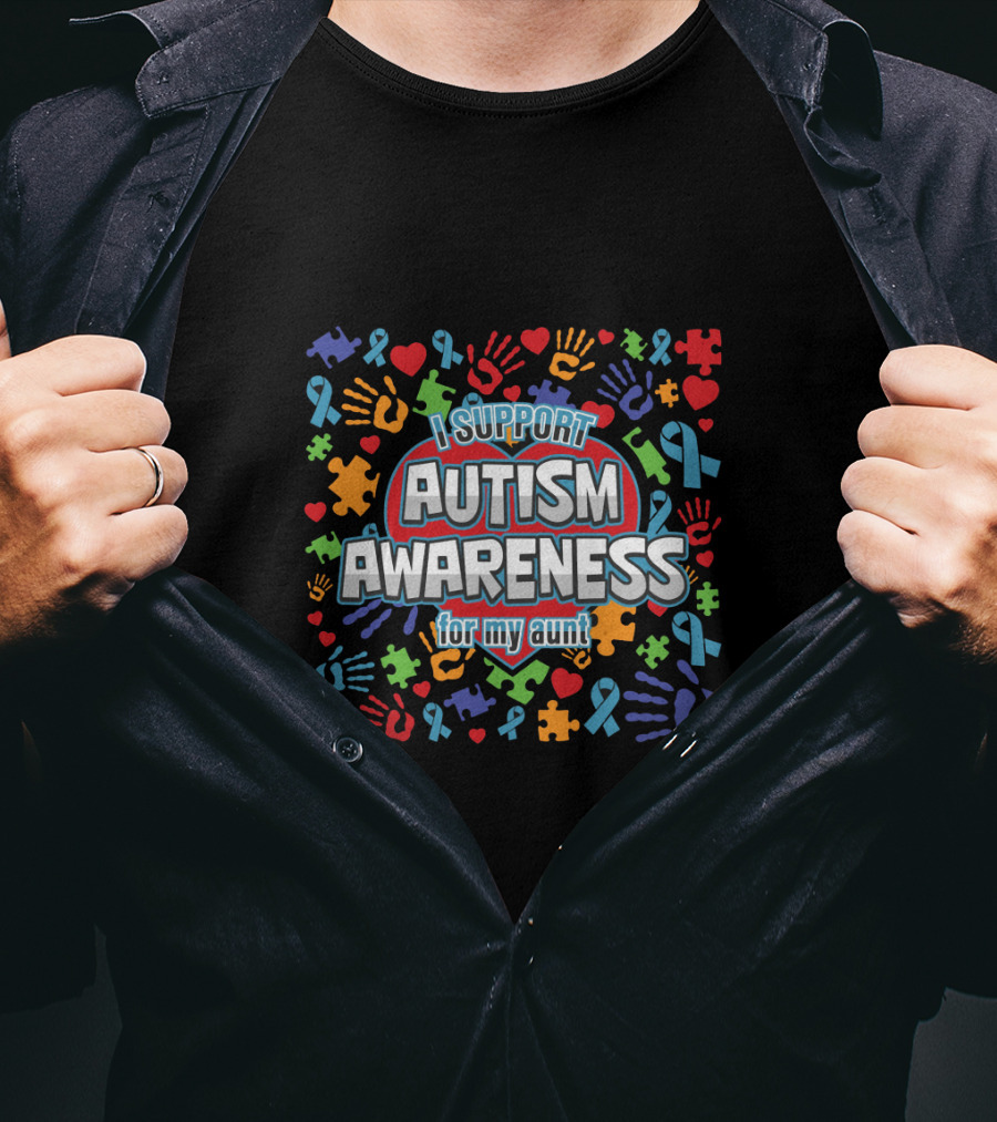 I Support Autism Awareness For My Aunt Colorful Puzzle Ribbon Hearts Hands T-Shirt