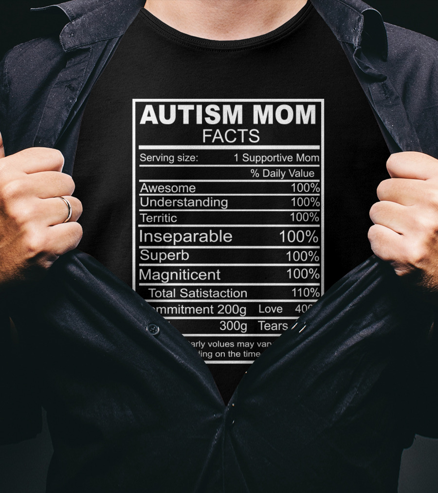 Autism Mom Facts Awesome Understanding Terrific Inseparable Superb Magnificent Satisfaction Commitment Love Heart Tears T-Shirt