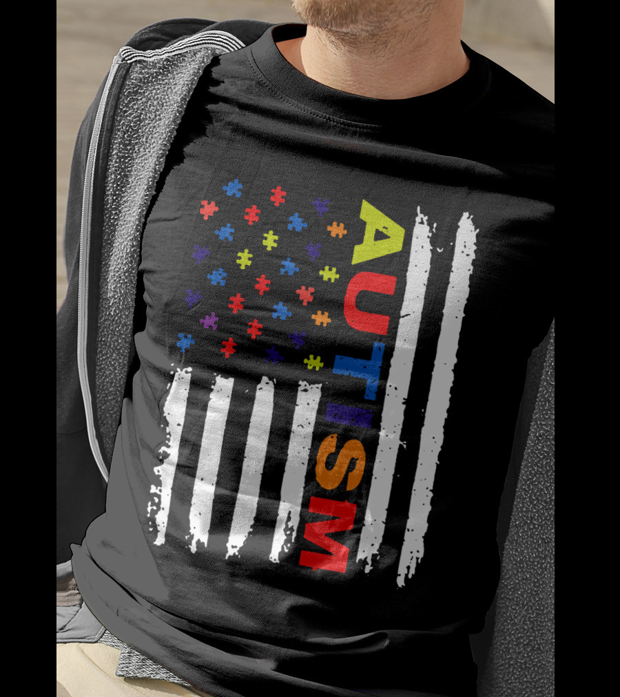 Autism Awareness Flag Design With Colorful Puzzle Pieces And Vertical Stripes T-Shirt