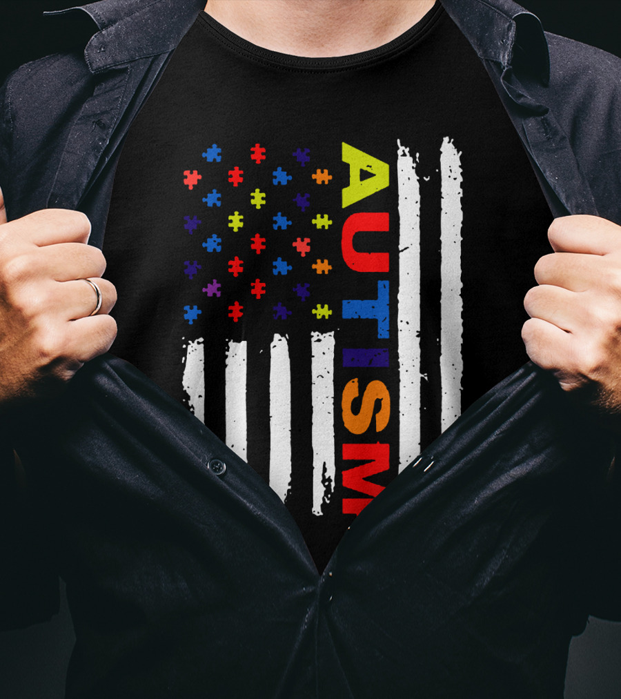 Autism Awareness Flag Design With Colorful Puzzle Pieces And Vertical Stripes T-Shirt