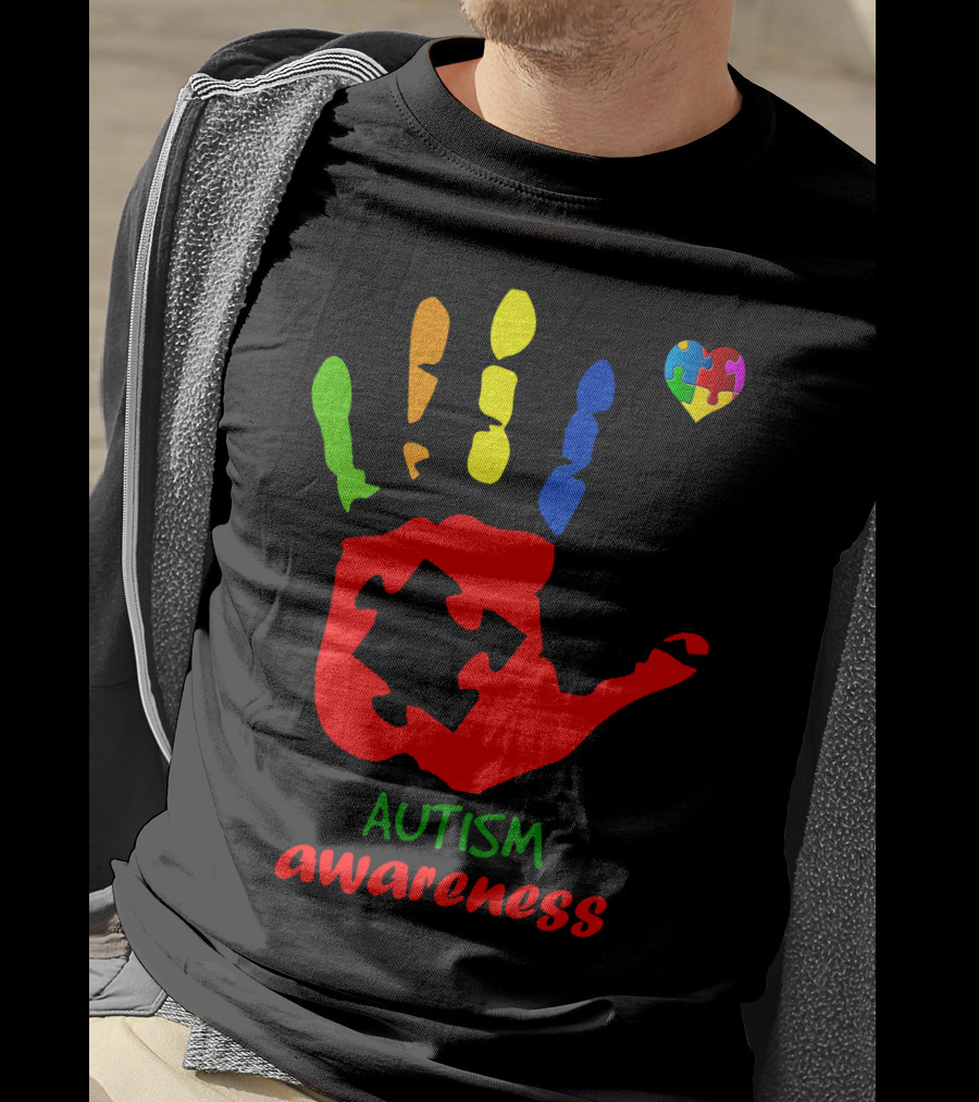 Autism Awareness Colorful Handprint With Puzzle Heart T-Shirt