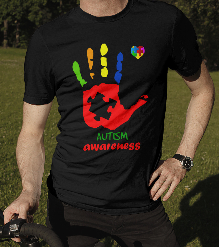 Autism Awareness Colorful Handprint With Puzzle Heart T-Shirt