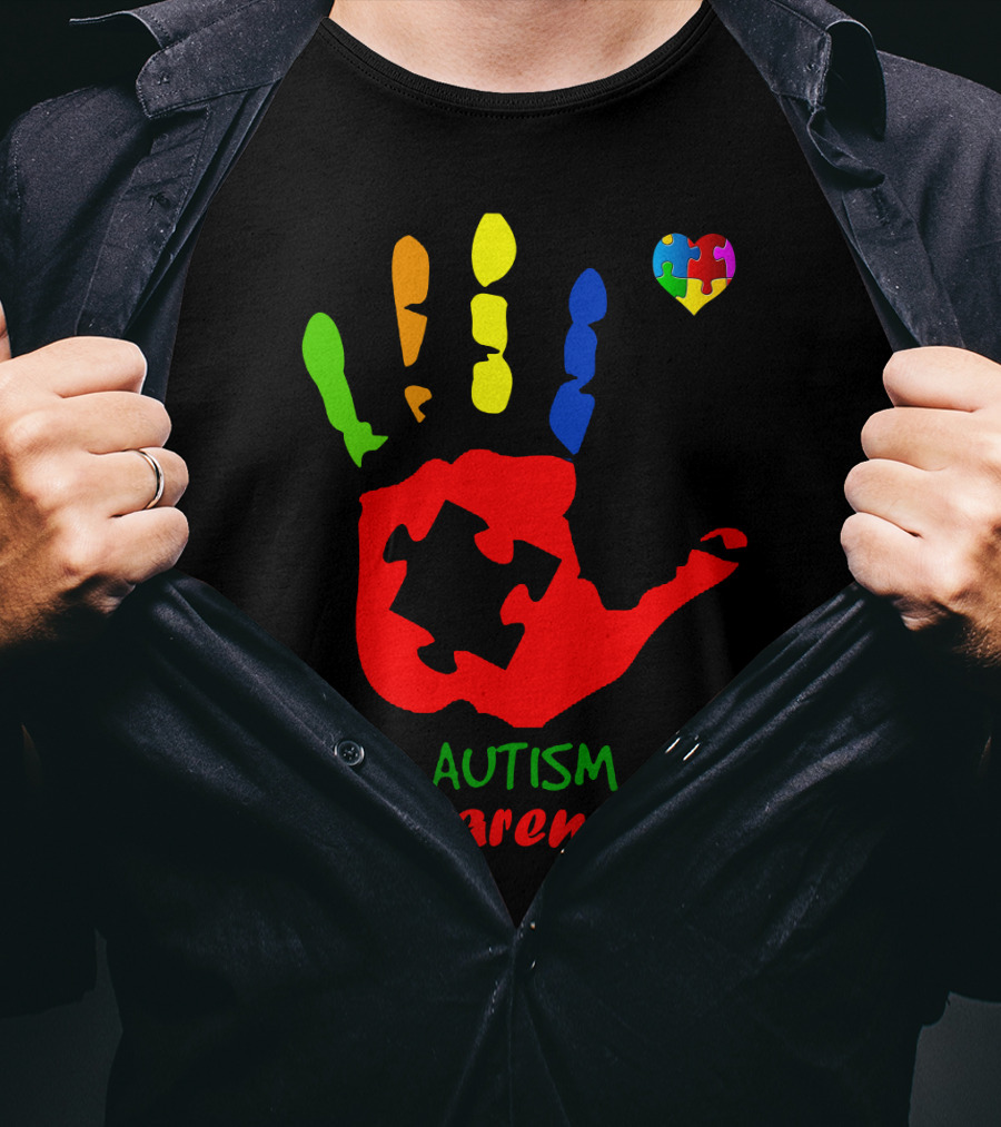 Autism Awareness Colorful Handprint With Puzzle Heart T-Shirt