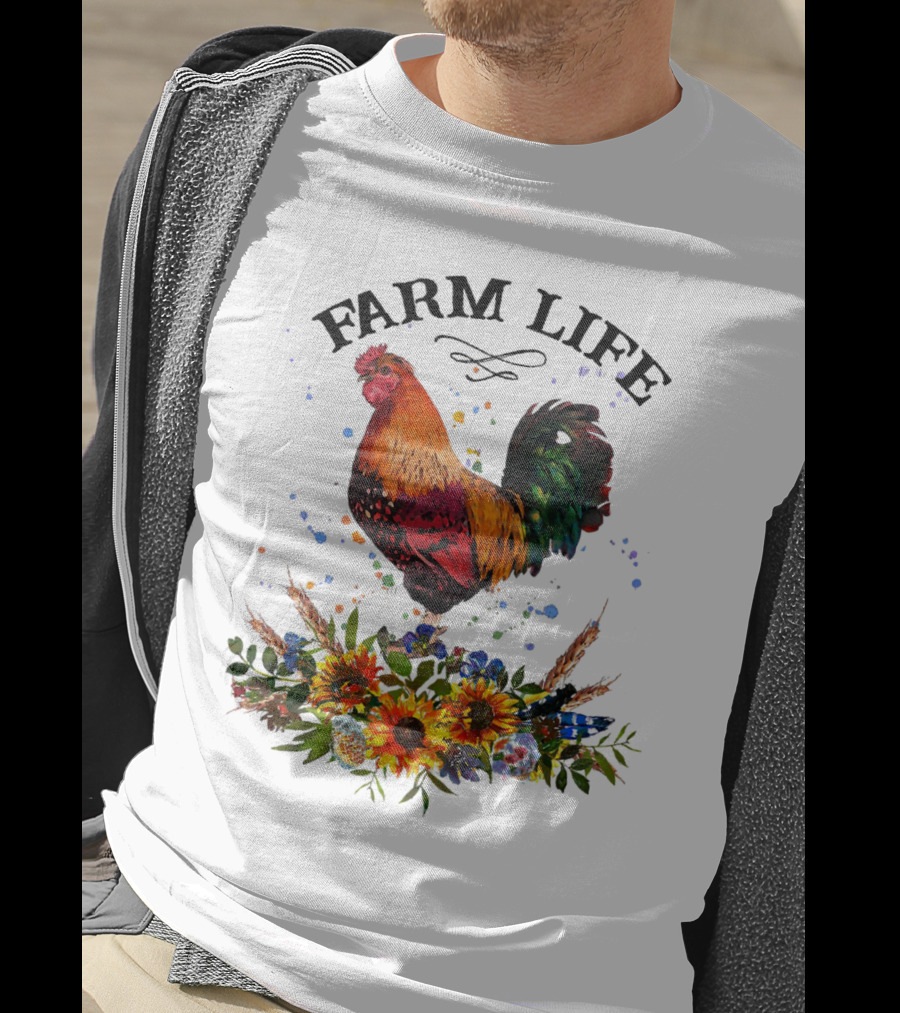 Farm Life Chicken Rooter With Colorful Rooster And Floral Arrangement T-Shirt