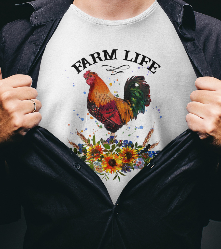 Farm Life Chicken Rooter With Colorful Rooster And Floral Arrangement T-Shirt