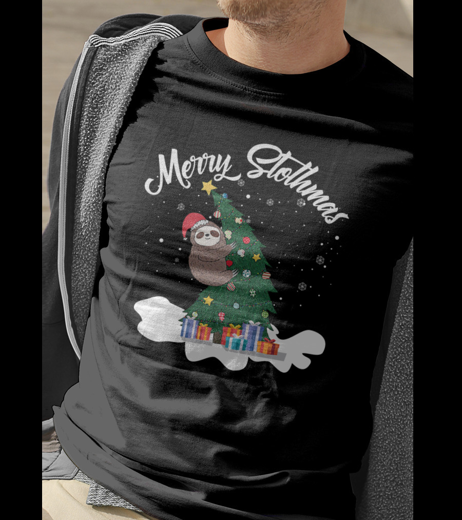 Merry Slothmas Christmas Sloth With Santa Hat On Christmas Tree And Snowflakes T-Shirt