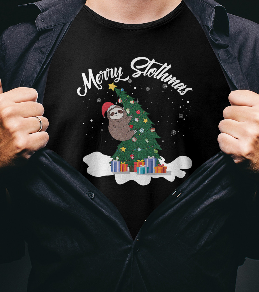 Merry Slothmas Christmas Sloth With Santa Hat On Christmas Tree And Snowflakes T-Shirt