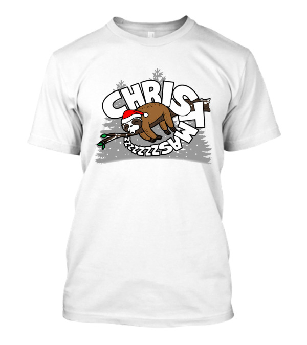 Sloth Sleeping Through Christmas With Santa Hat In Winter Wonderland Zzzz T-Shirt